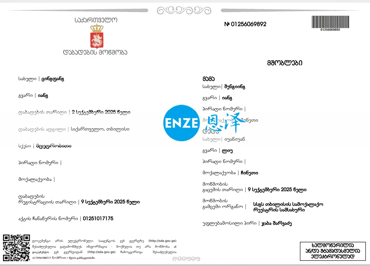 恩泽格鲁吉亚试管婴儿助孕宝宝出生后出生证快速到手