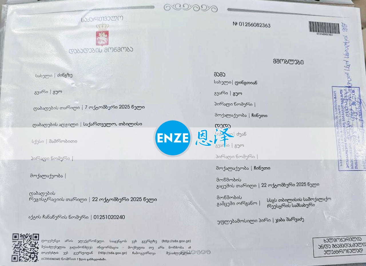 恩泽格鲁吉亚试管婴儿助孕宝宝出生证明新鲜出炉